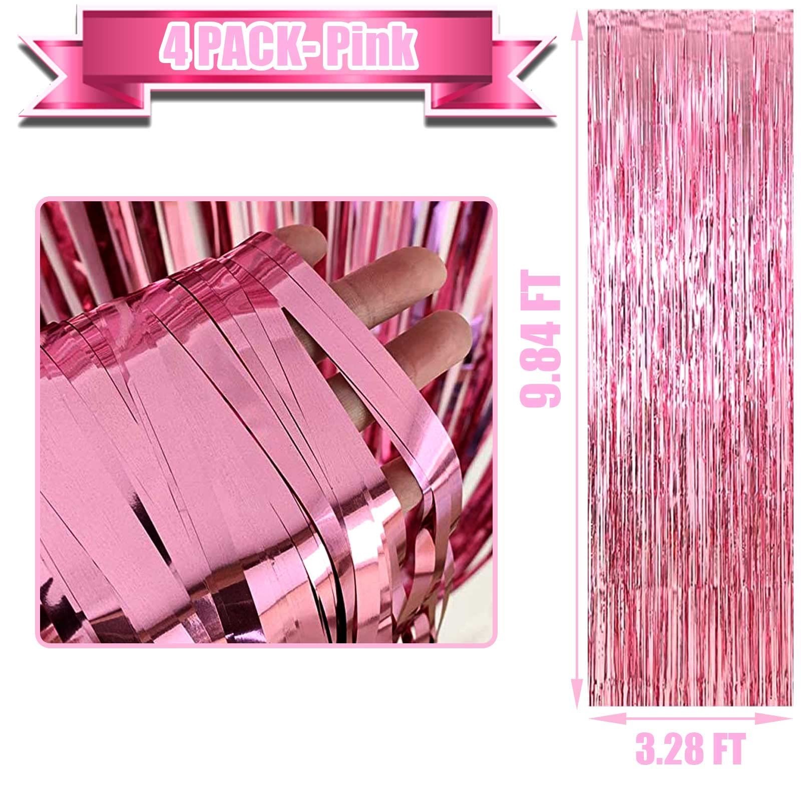 4 Pack Pink Foil Fringe Curtains 3.3ft x 9.8ft Tinsel Backdrop for Parties, Wedd