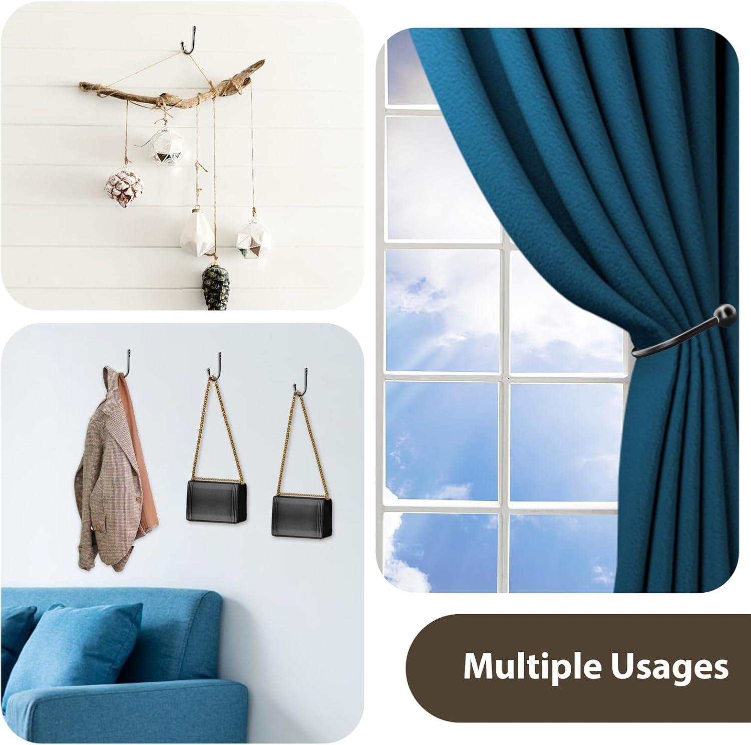 8 Pcs Curtain Holdbacks, Curtain Tiebacks, Curtains Wall Hooks, Black Curtains T