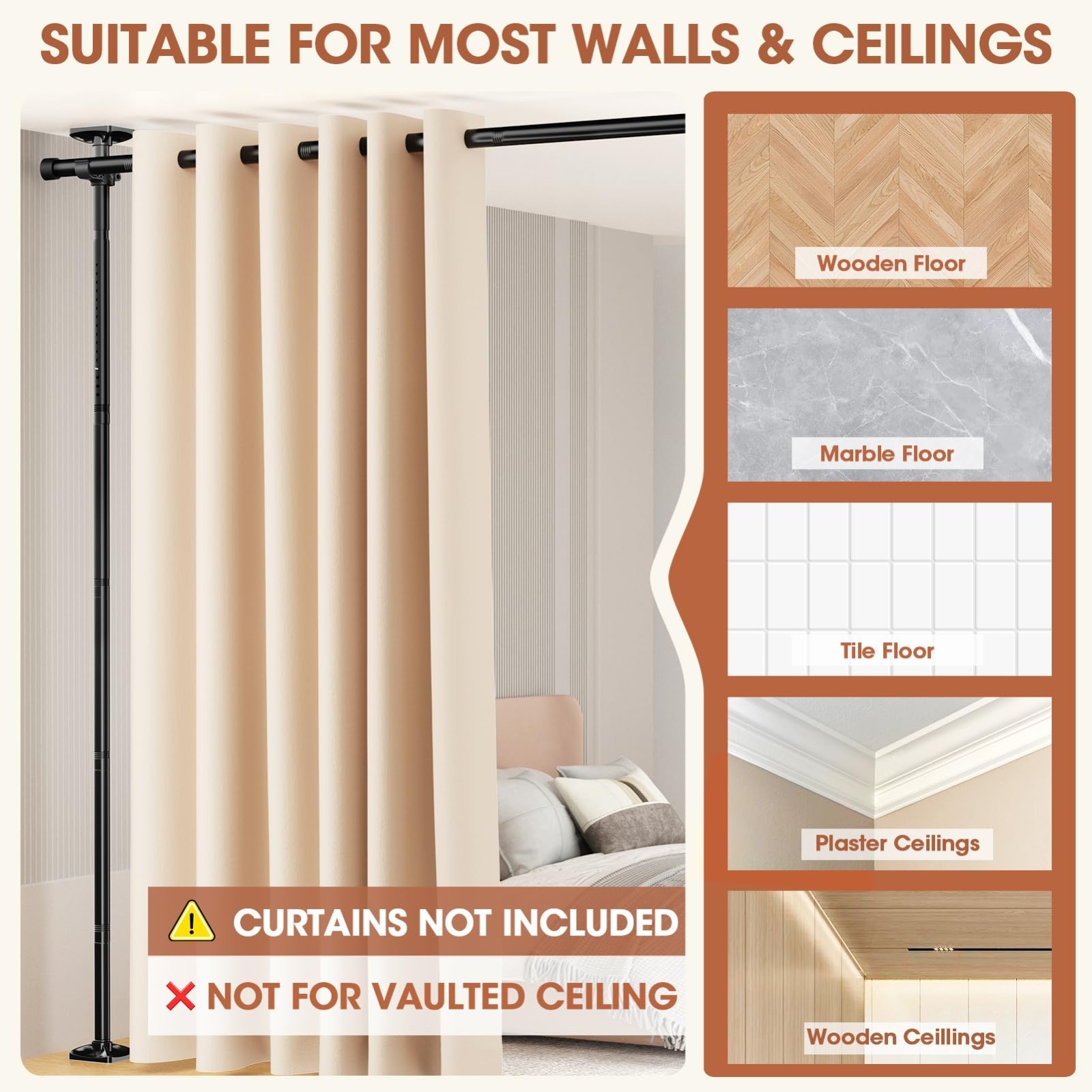 Adjustable Room Divider Curtain Rod – No Drill Wall Separator, 4-10ft Height, 28