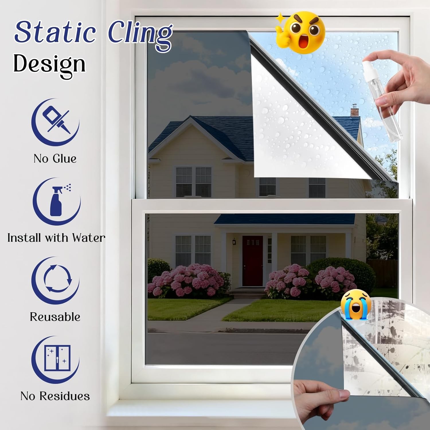 One Way Window Privacy Film Window Tint Home W/ Tools Static Cling Removable UV