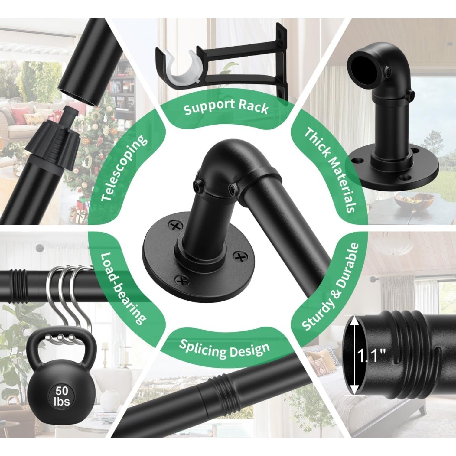 Curtain Rods for Windows 66 to 144, Blackout Adjustable Curtain Rod,1” Indoor