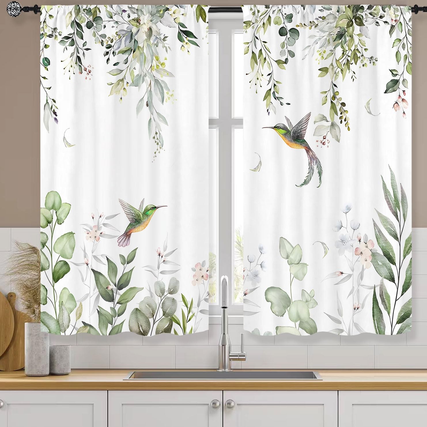 Eucalyptus Green Leaves Kitchen Curtain Rod Pocket 27.5W X 39L Inch 2 Panel S…