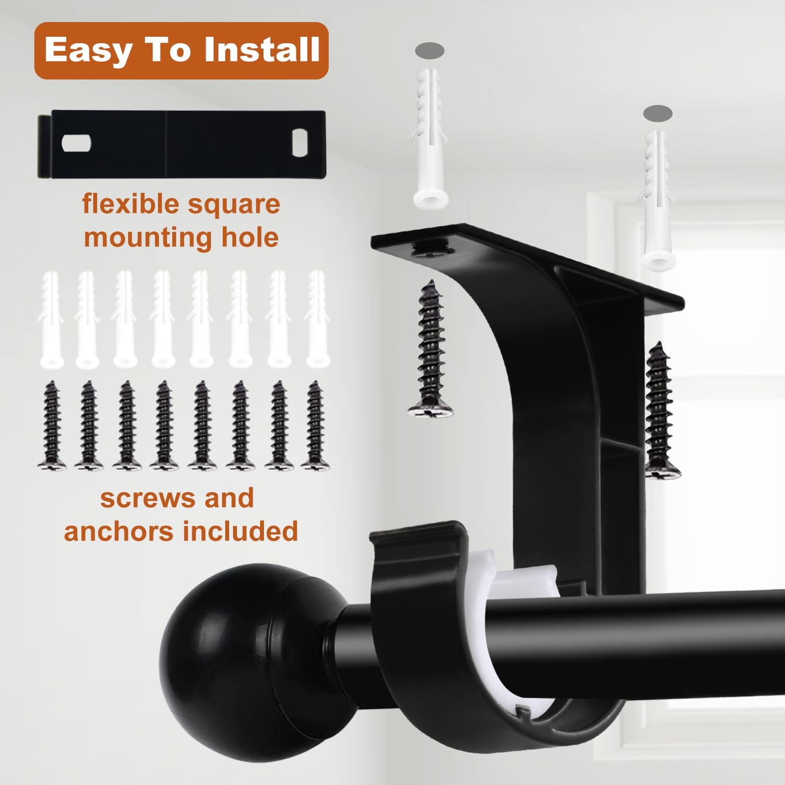 Aluminum Ceiling Curtain Rod Brackets Holders Hooks for 1 Inch Rod Black 6 PCS