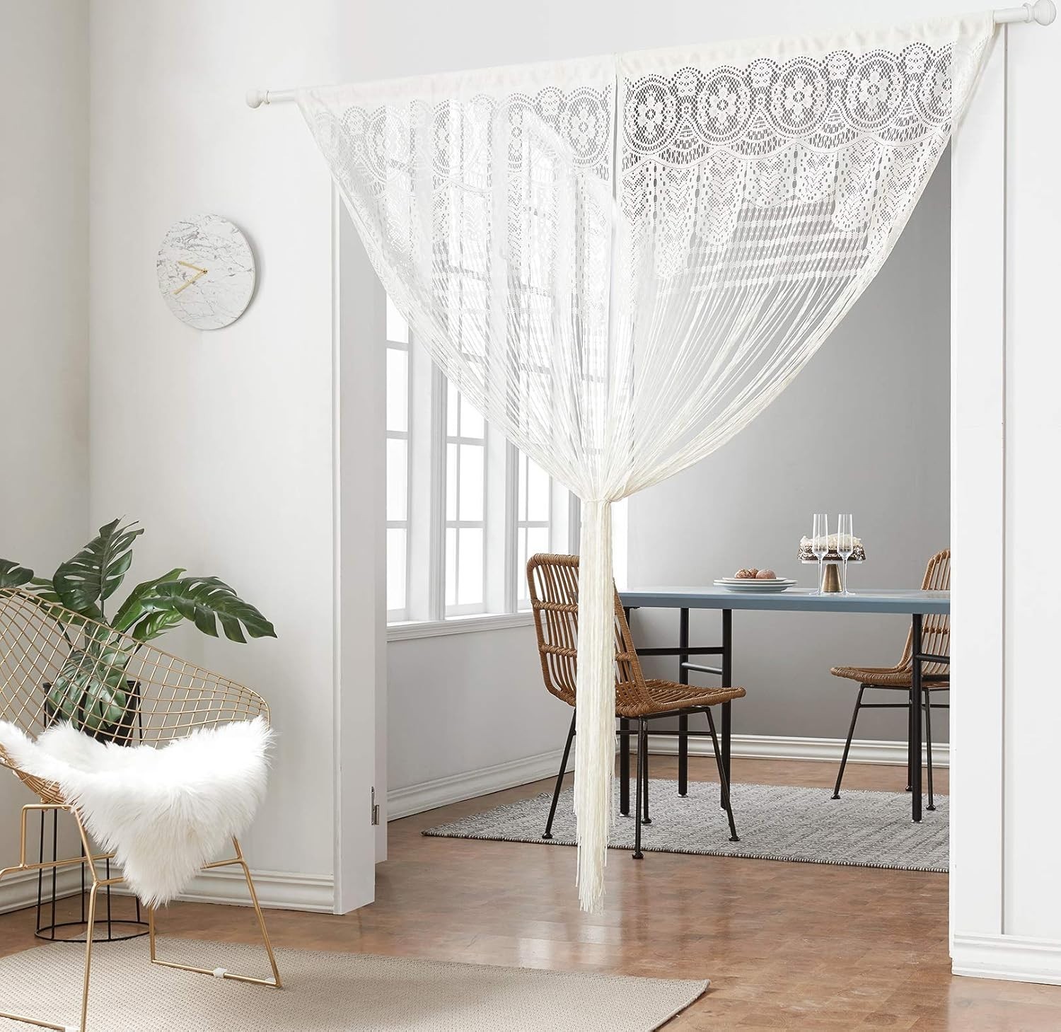 Customizable Boho String Curtain 35x79in – Semi-Sheer Room Divider in White