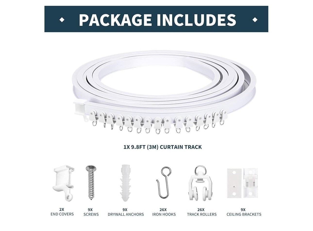Flexible Bendable Ceiling Curtain Track, 9.8ft (3m) Curved, PVC, Metal