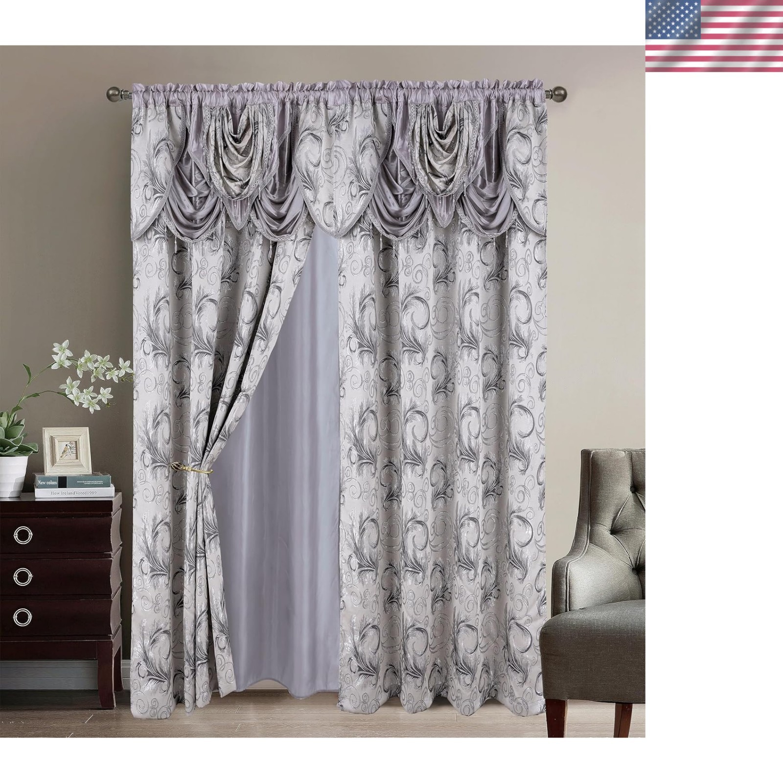 Jacquard Luxury 2 Curtain Panel Set with Attached Valance and Backing Bedroom…