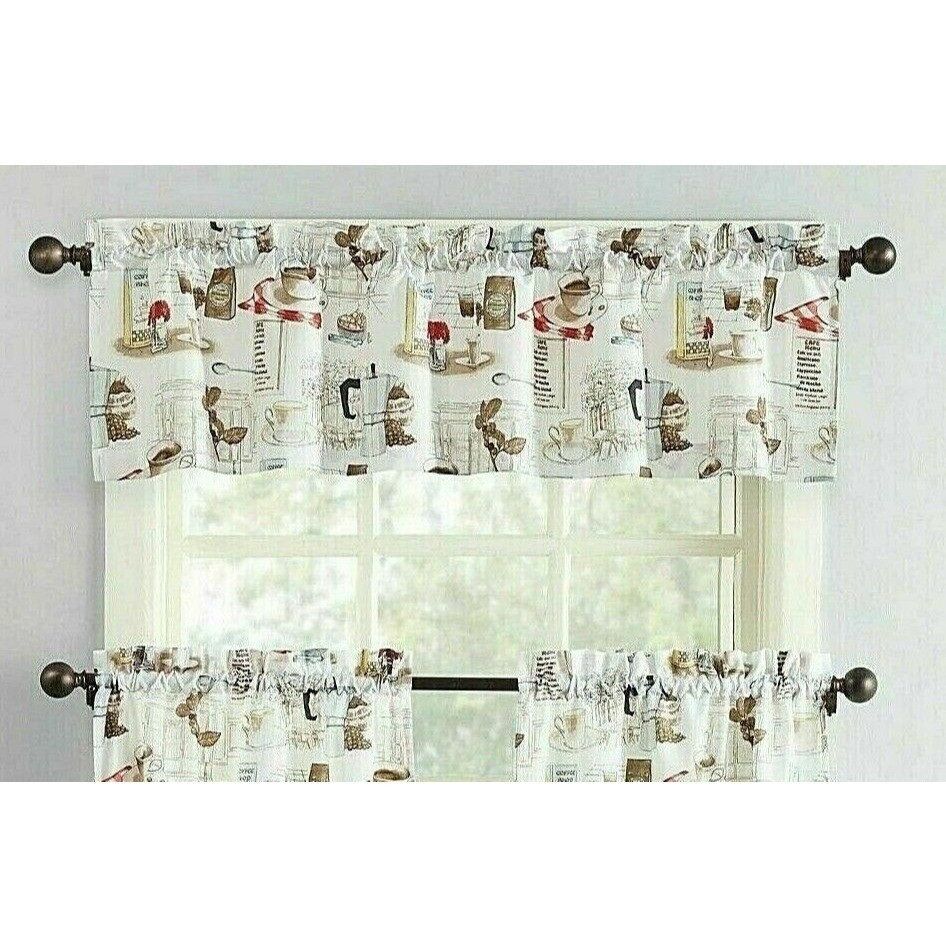 Coffee Shop Valance Tier Kitchen Curtain Set White Brown 54 x 36-in 3-pc NEW
