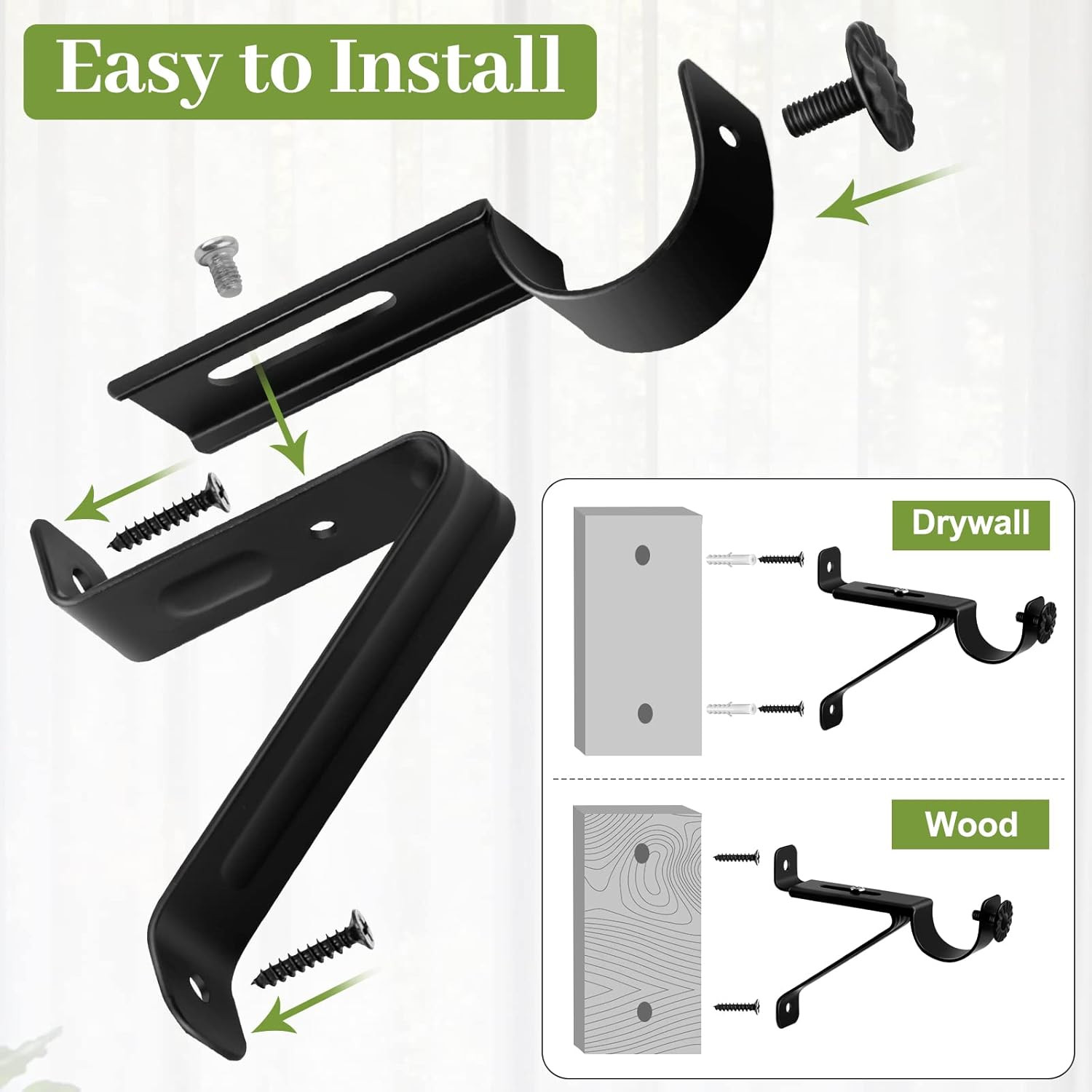 Adjustable Curtain Rod Bracket, Heavy Duty Curtain Rod Holders, Black 6 Pcs Curt