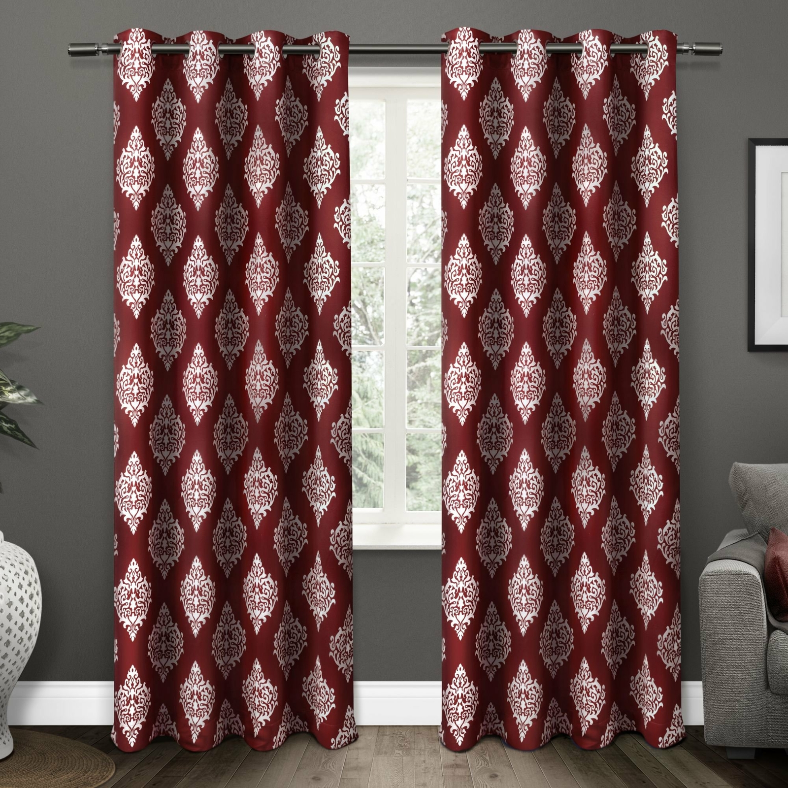 Set 2 Burgundy White Medallion Curtains Panels Drapes 63 84 96 108 in L Grommet