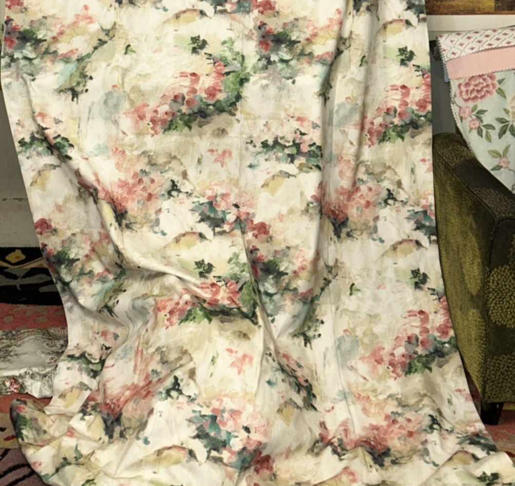 2 Drapes SHOWROOM SAMPLE Modern DEGAS Screenprint Floral in Tea Rose