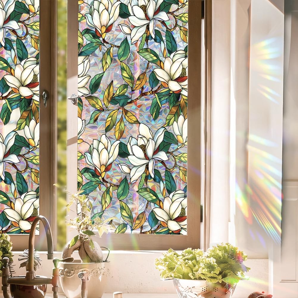 Stained Glass Window Privacy Film – Floral Static Cling Decor, 16.93×39.37″