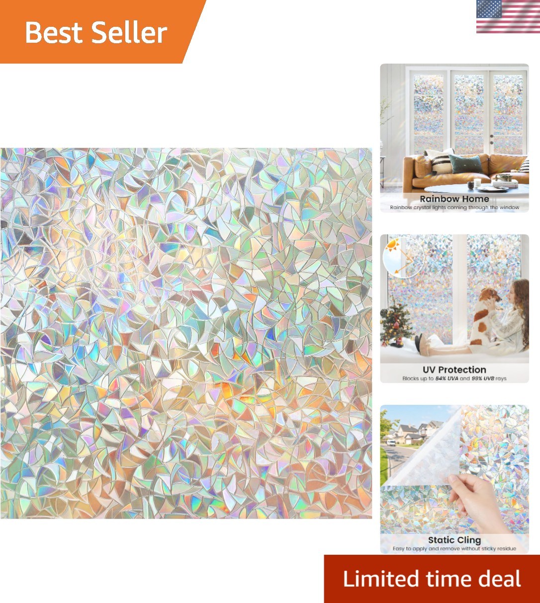 Stained Glass Window Film 17.5″ x 78.7″ | Glorious Rainbow Cling & UV Protection