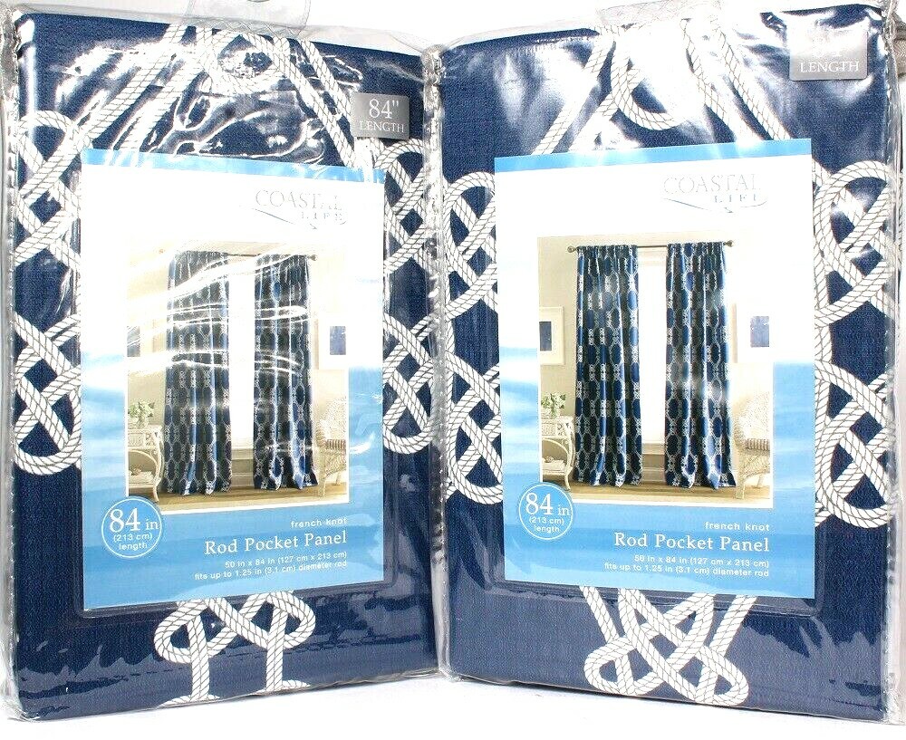 2 Coastal Life 50 x 84 in. French Knot Indigo Rod Pocket Panel Up to 1.25 in rod