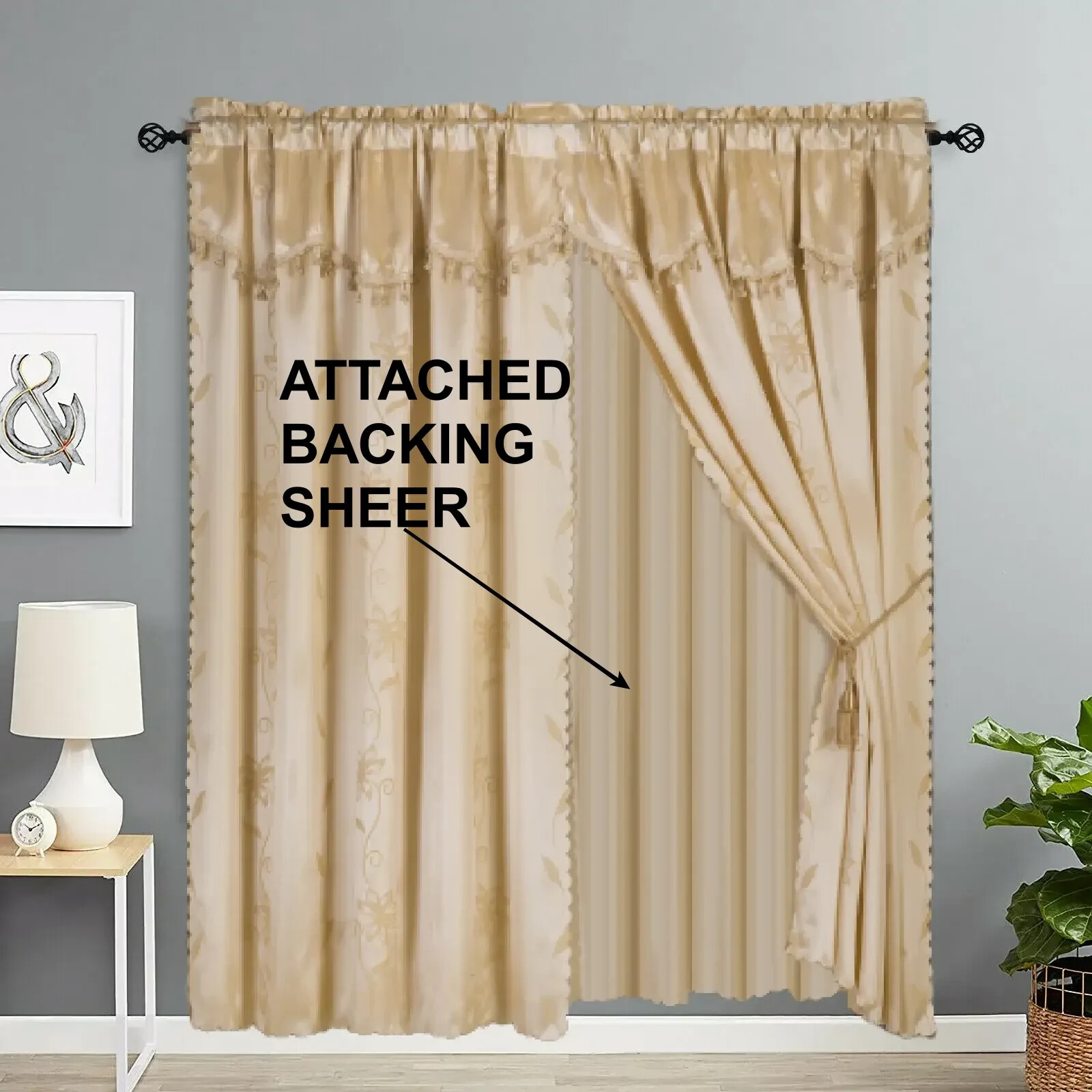 2 panel window curtain set (120″ W X 84″ L ) with valance and sheer backing NADA