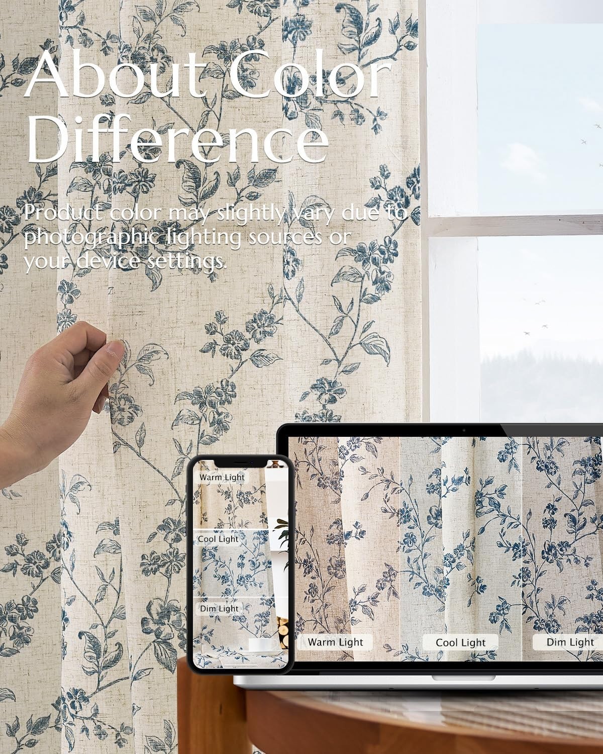 Blue Floral Linen Curtains 84″ French Country Back Tab – 2 Panels, Home Decor