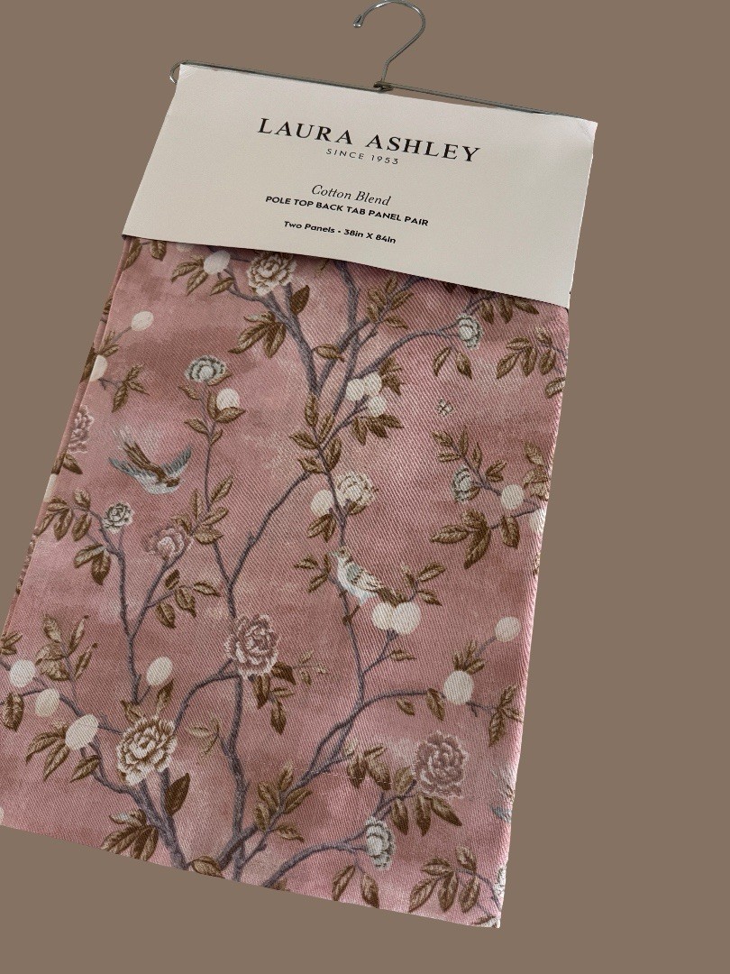 NIP Laura Ashley Window Curtains 2 Panels 38 x 84 Birds Rose Pink Brown Back Tab