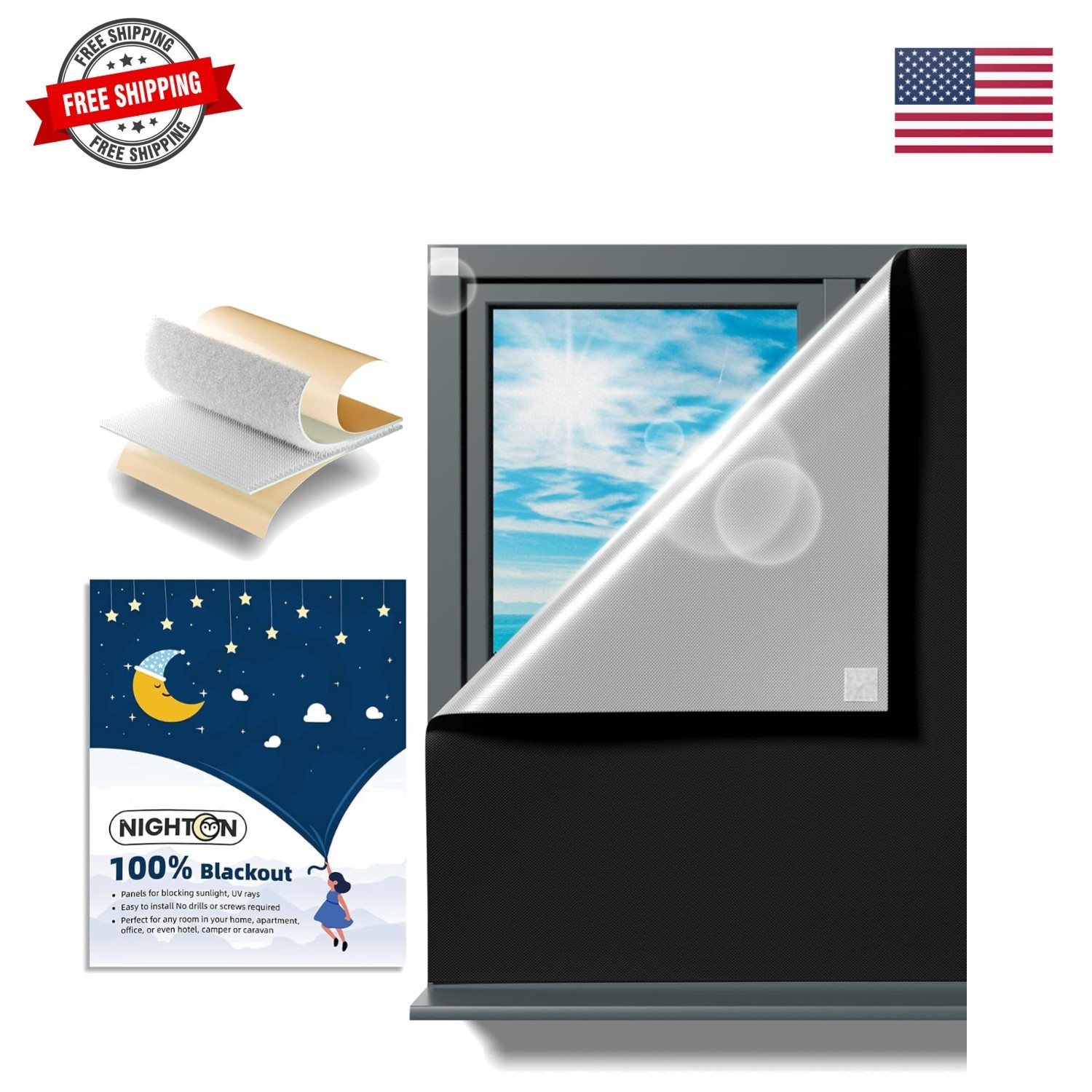 Portable Blackout Curtains 40″×60″, Strong Hook and Loop Tape Strips with Adh…