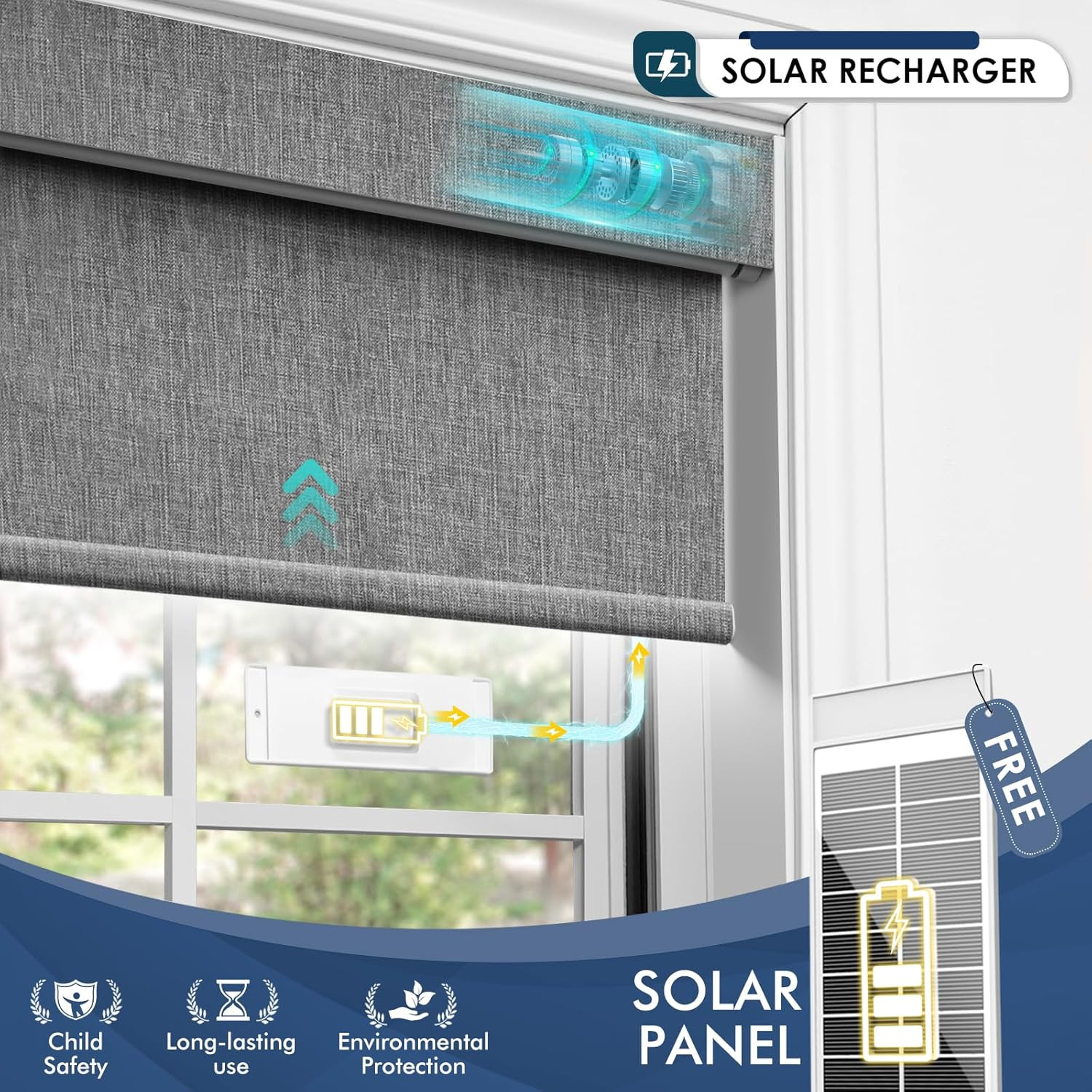 Smart Motorized Blackout Blinds with Remote & Solar Panel, Grey 34×72