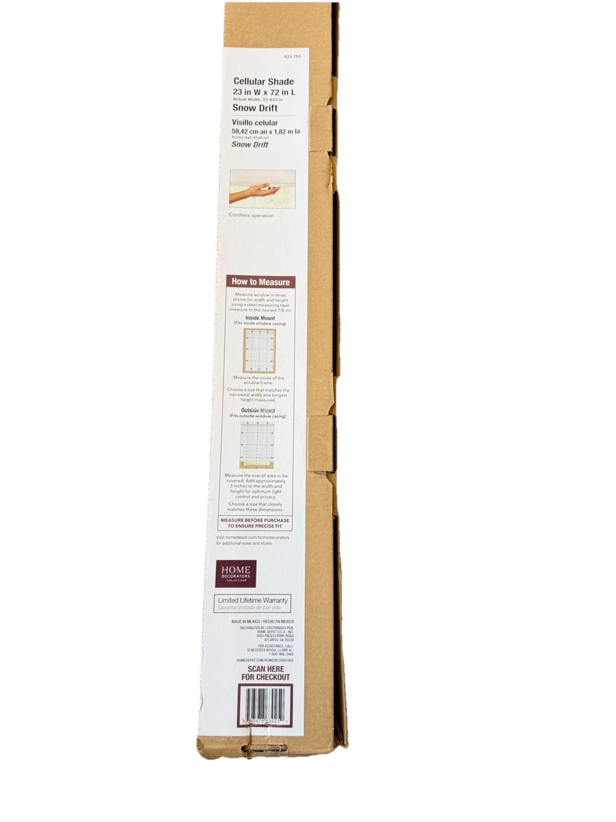 HDC Cordless Light Filtering Cellular 23″ W x 72″ L Shade in Snow Drift, NEW