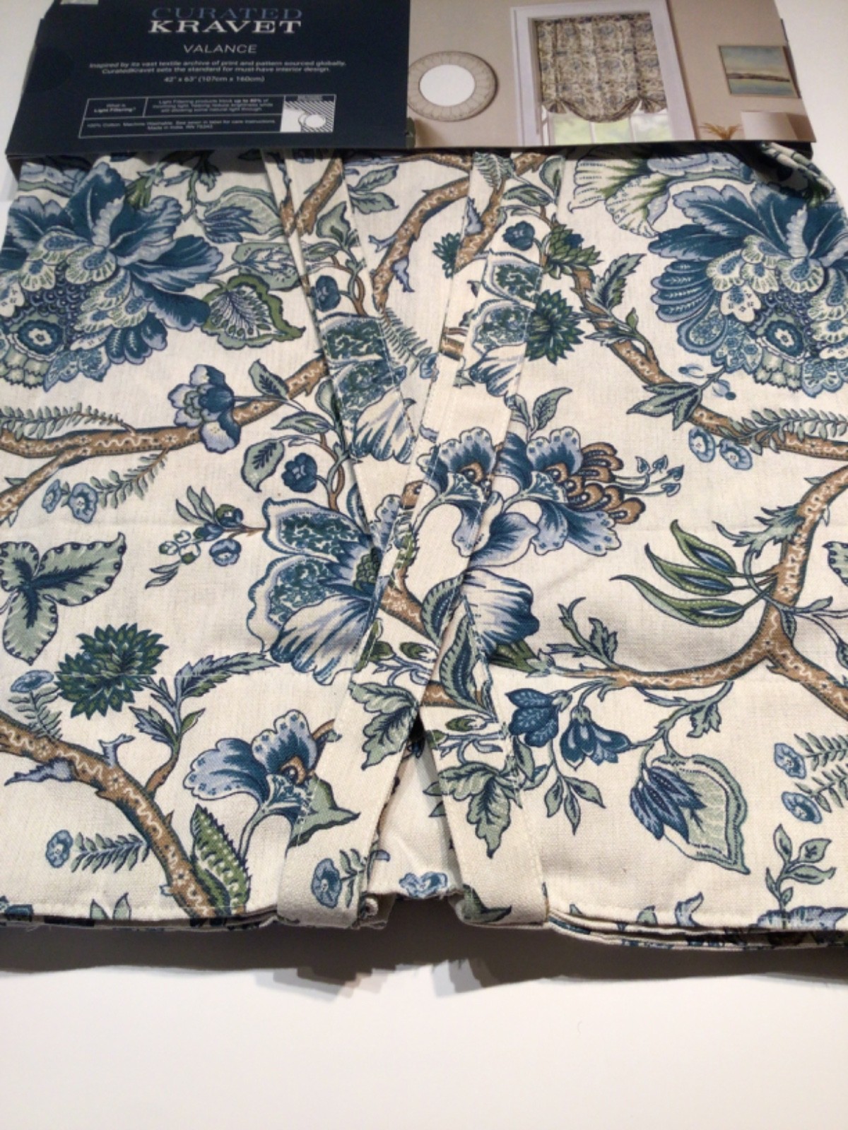 Curated Kravet Balloon Valance curtain 42 x 63 Jacobean Floral Blue Floral