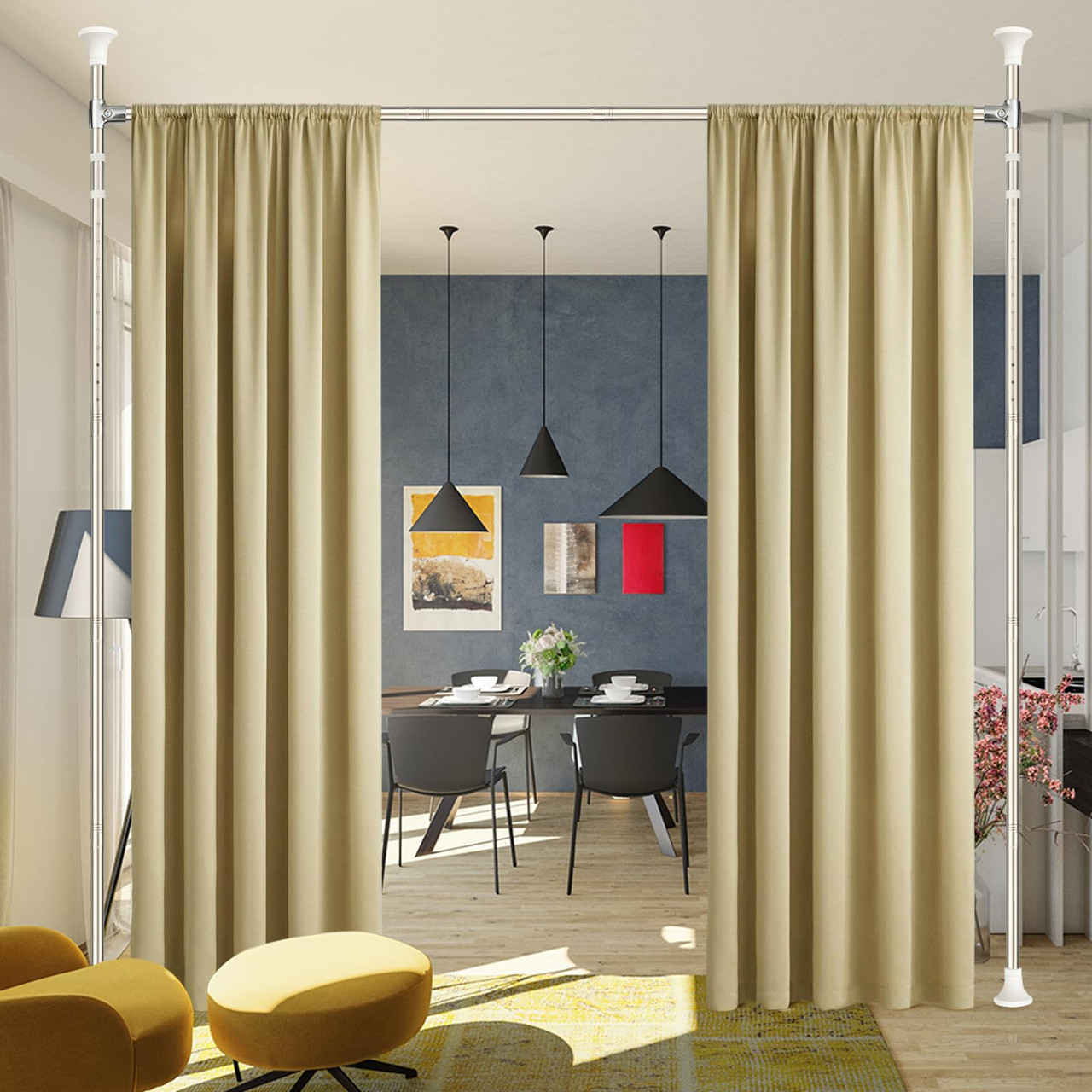 Room Divider Partition size 28″-70″ Wide x 48″-120″ High Tension Rod pole Silver