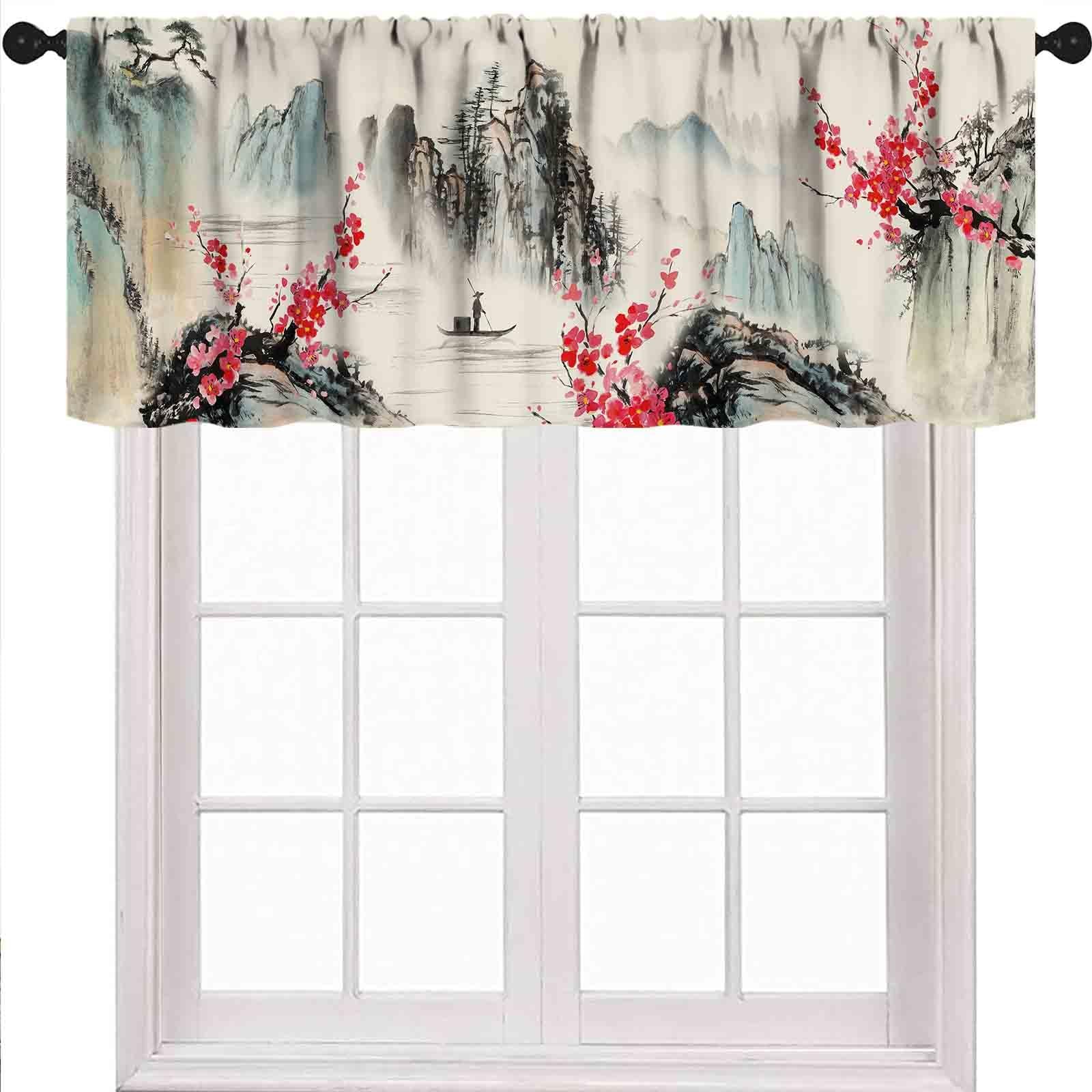 Japanese Landscape Kitchen Valance Curtain,Ink Painting Cherry Blossom Landsc…