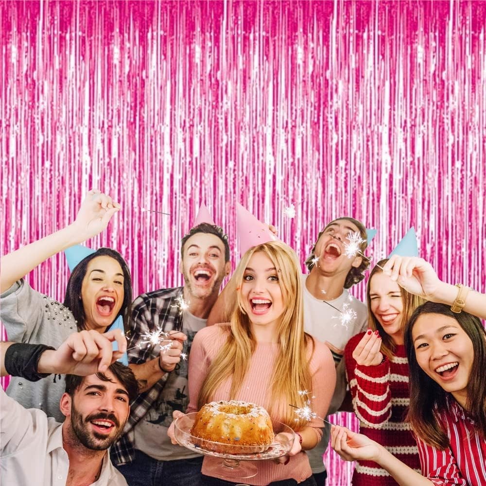 Hand Washable Foil Fringe Backdrop 6.4ft x 9.85ft Hot Pink for Celebrations