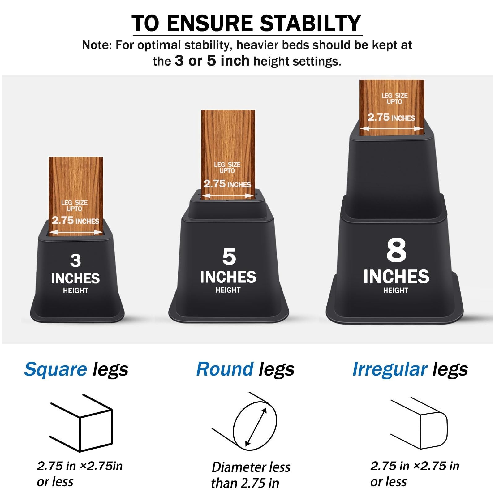 ANNKUT Bed Risers 8 inch Heavy Duty,Elevation in Heights 3, 5, 8 Inch，Adj