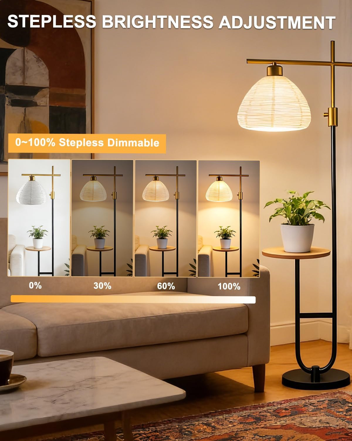 Gold & Black Dimmable Floor Lamp with Storage Table for Living Room/Bedroom