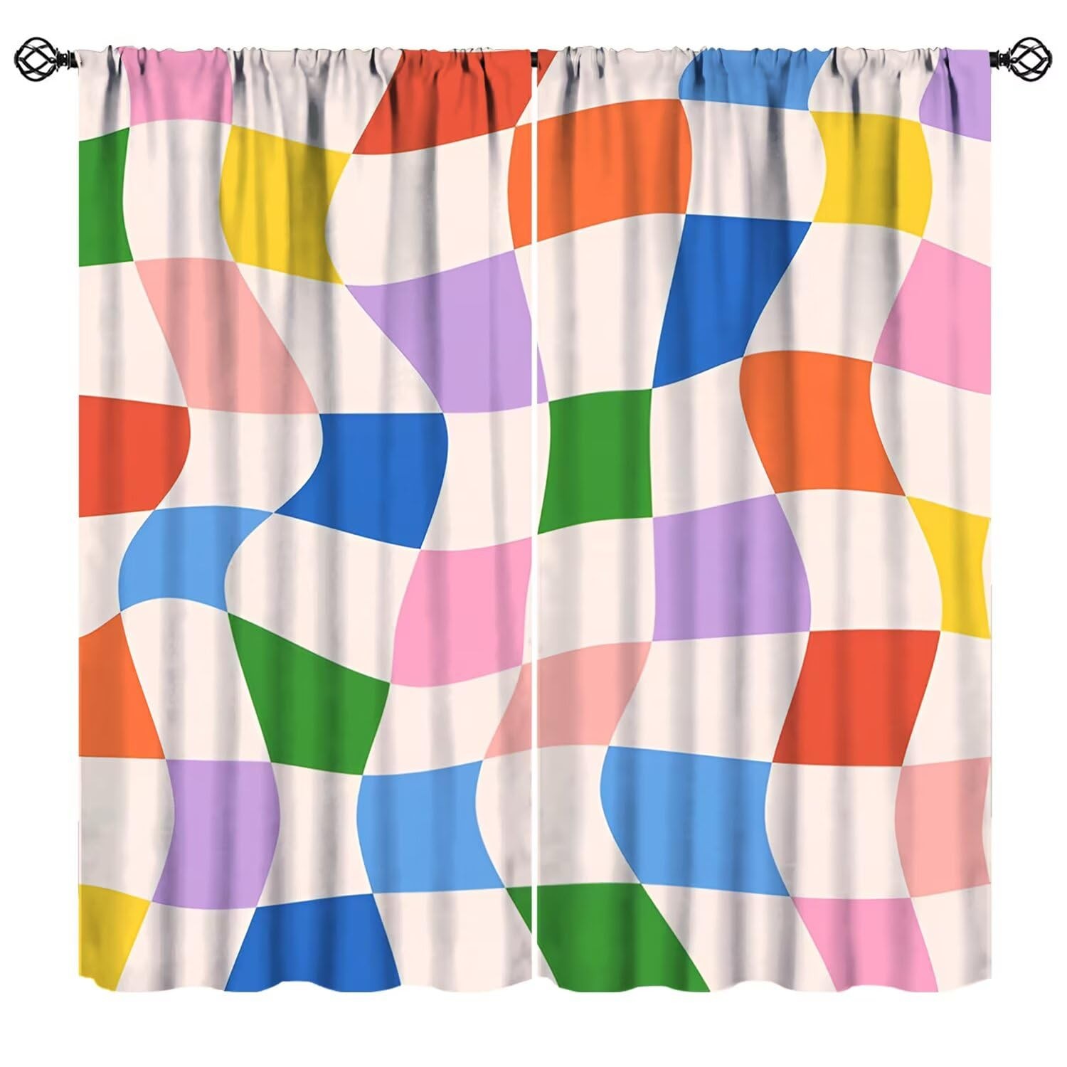 Checkerboard Rainbow Curtains, Boho Vintage 70s Colorful Square Abstract Wavy…