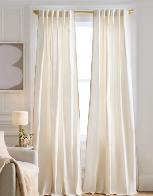 NWOT Quince Piped Edge Curtain Panel Set 2 48” X 108” Cotton Lined Oatmeal Ivory