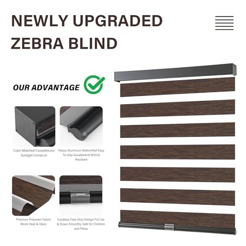 Cordless Zebra Blinds for Windows Pull Down Roller Window 20″W x 72″H Brown