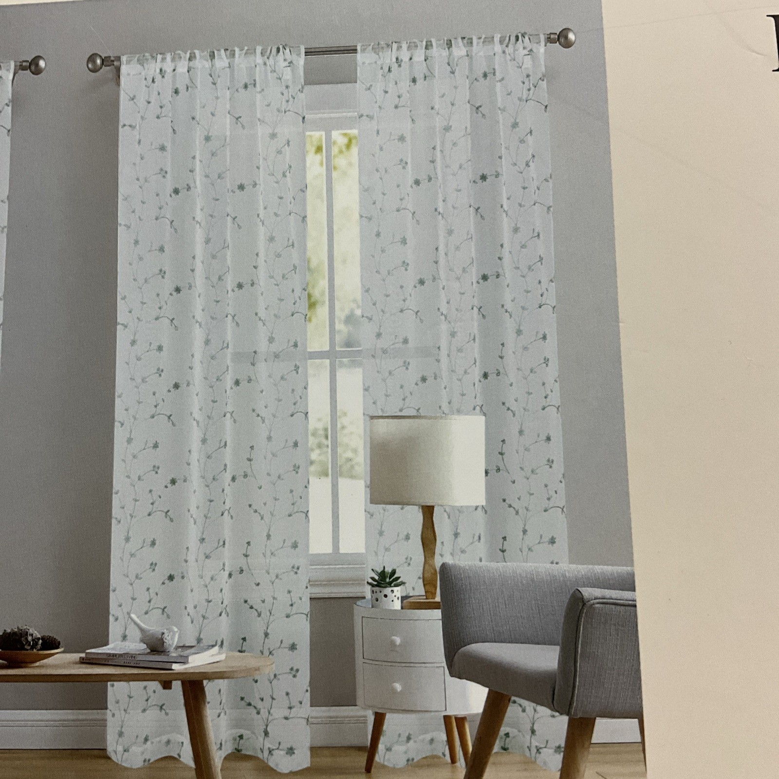 4 Laura Ashley Window Panel Curtains VERNON Embroider Sage Green Sheer 38 x 96”