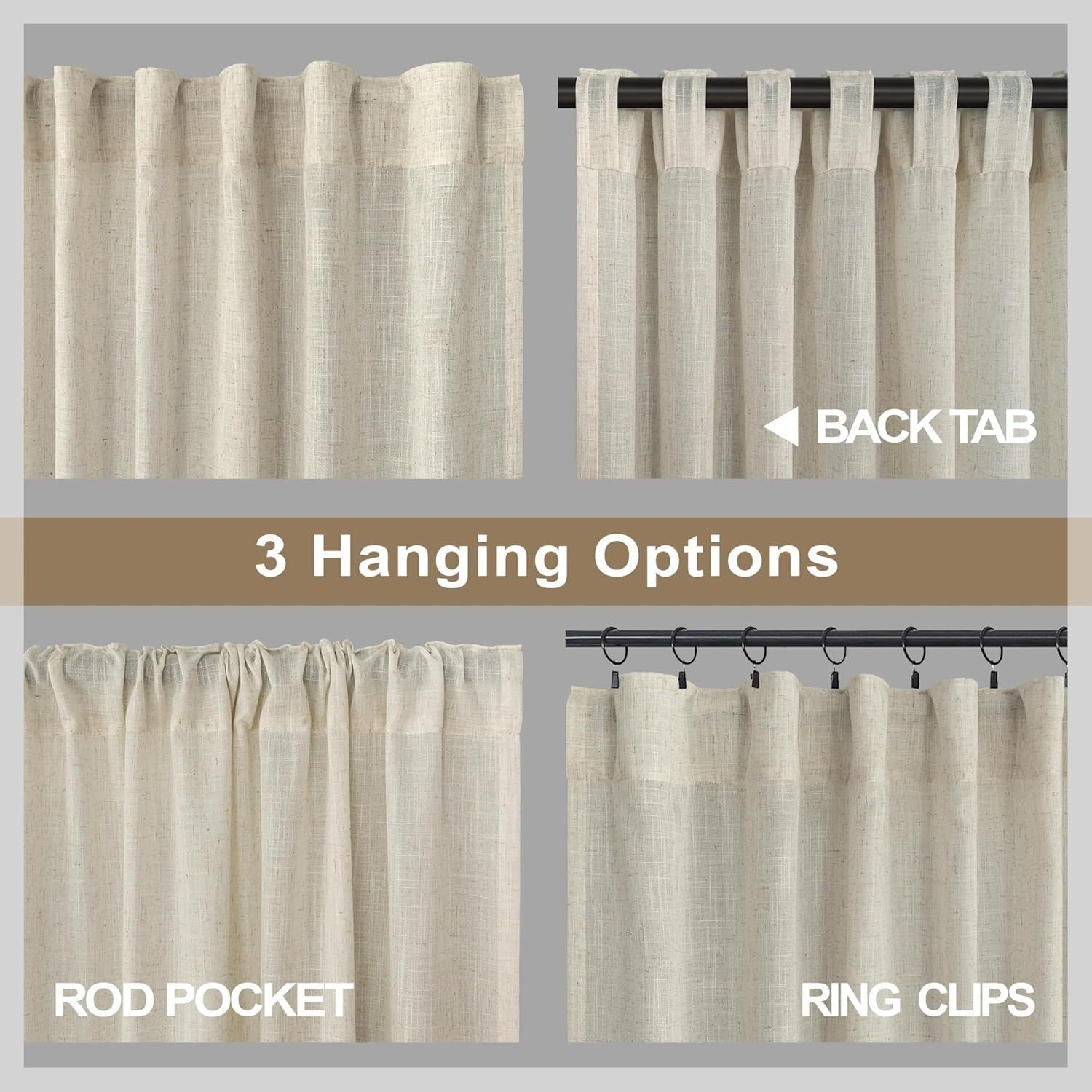 Neutral Earth Tone Linen Drapes 96″ for Living Room – 2 Pack