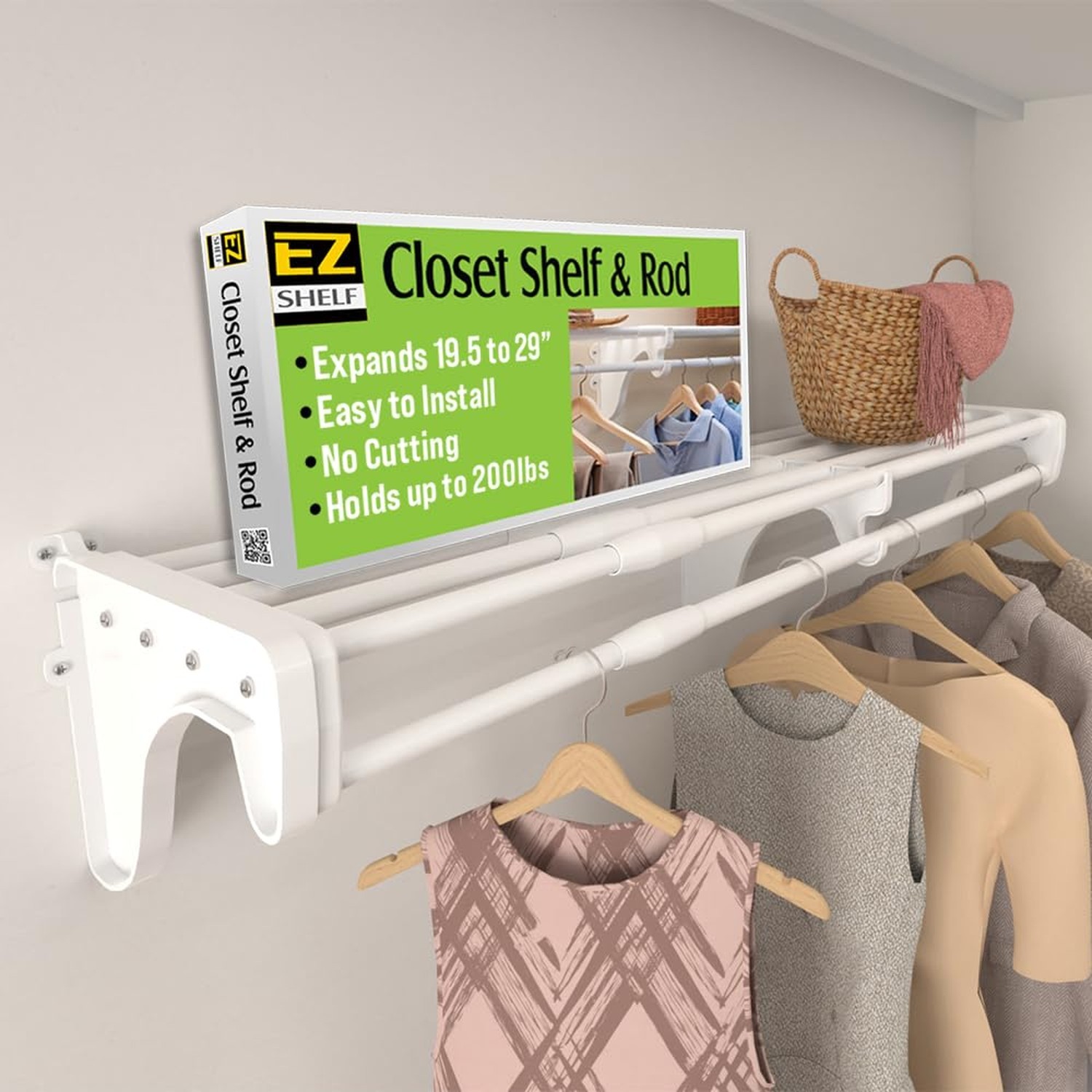 EZ SHELF – Closet Shelf with Hanging Rod – 19.5” to 29″ Expandable,