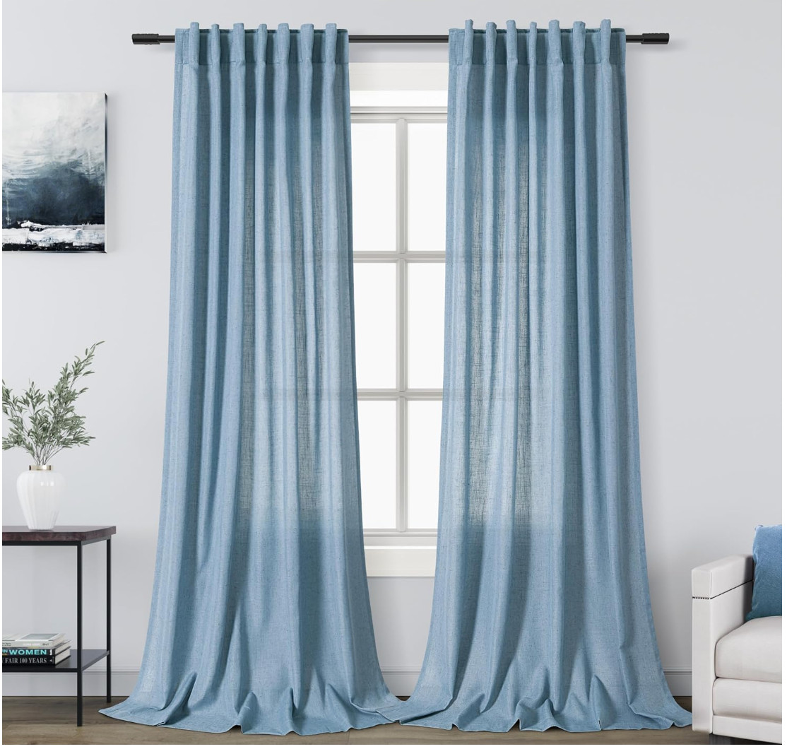 Linen Blue Extra Long Curtains 52 in x 108 ” 2 Panels Back Tab Light Filtering