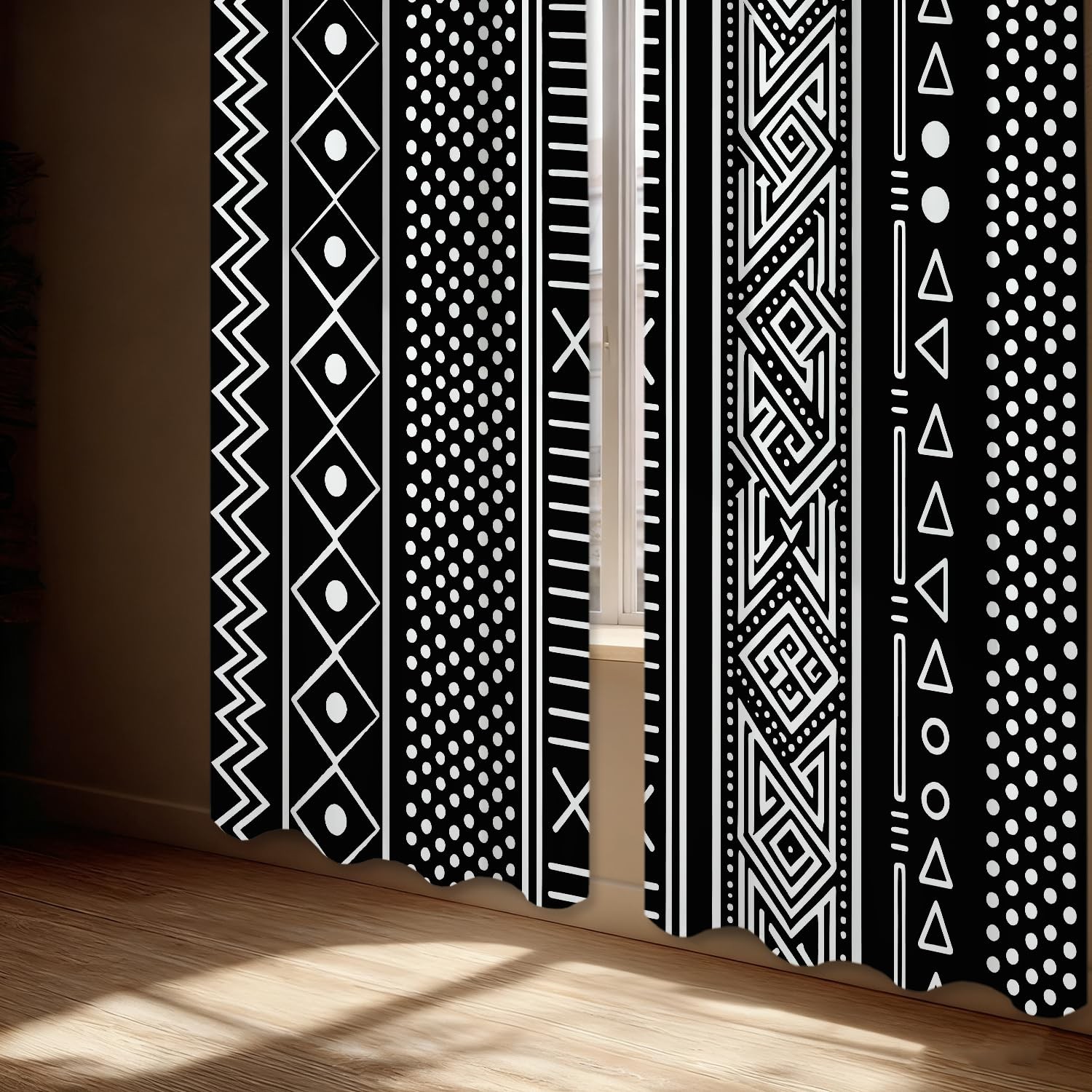 Traditional African Geometric Blackout Window Curtains, Black and White Triba…
