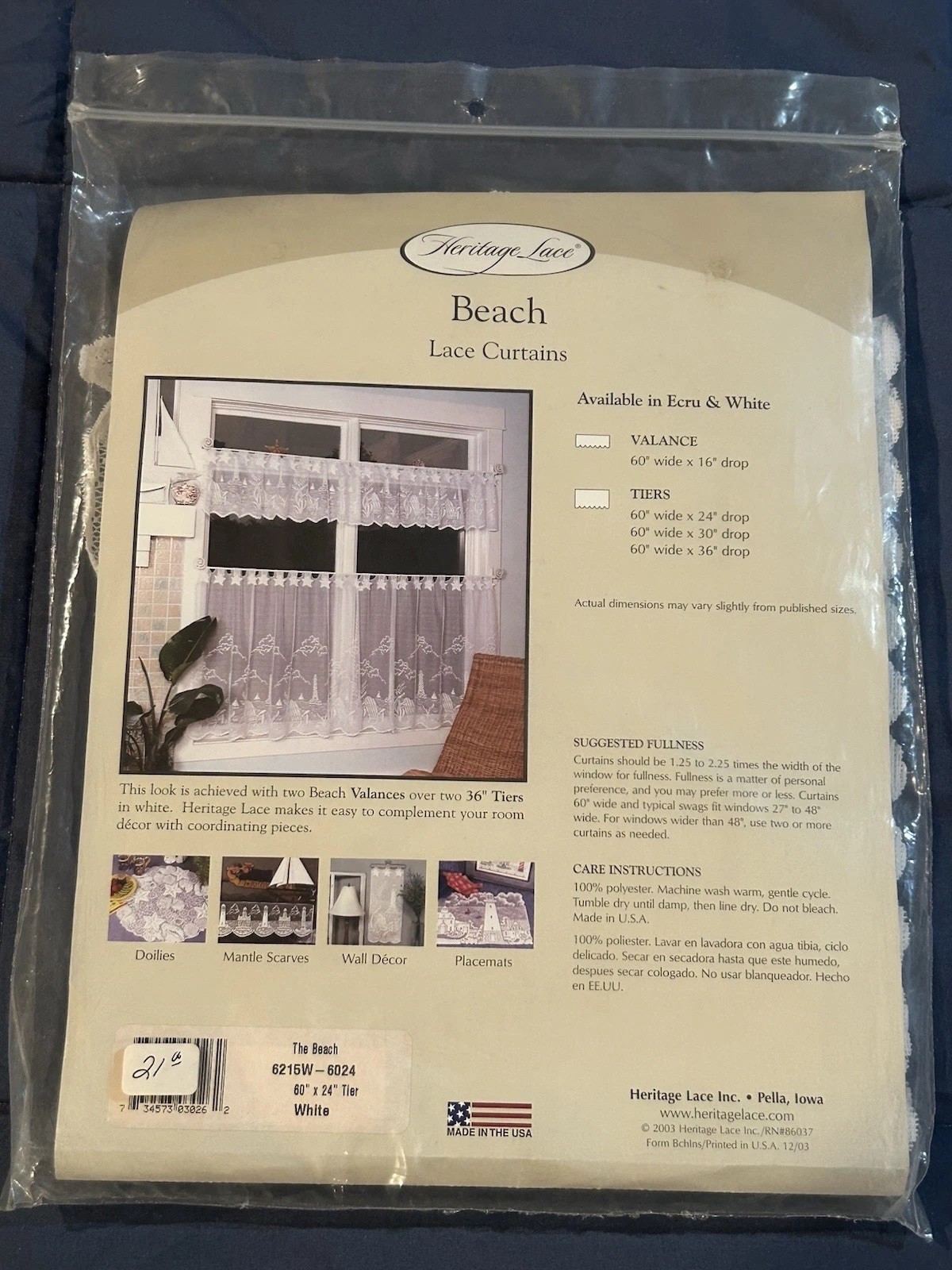 2 Heritage Lace Curtains: Beach Pattern: 60”x 24” Tiers… White.. New