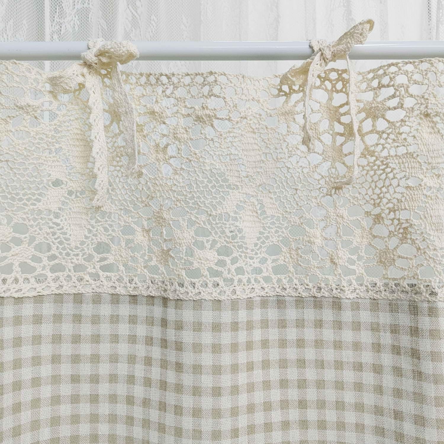 Vintage Buffalo Plaid Valance Stitching Crochet Kitchen Short Curtain Tier Li…