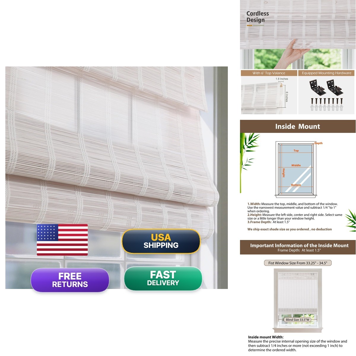 Sunbox Cordless Bamboo Roman Shade 33.5″ W x 64″ H Pearly White