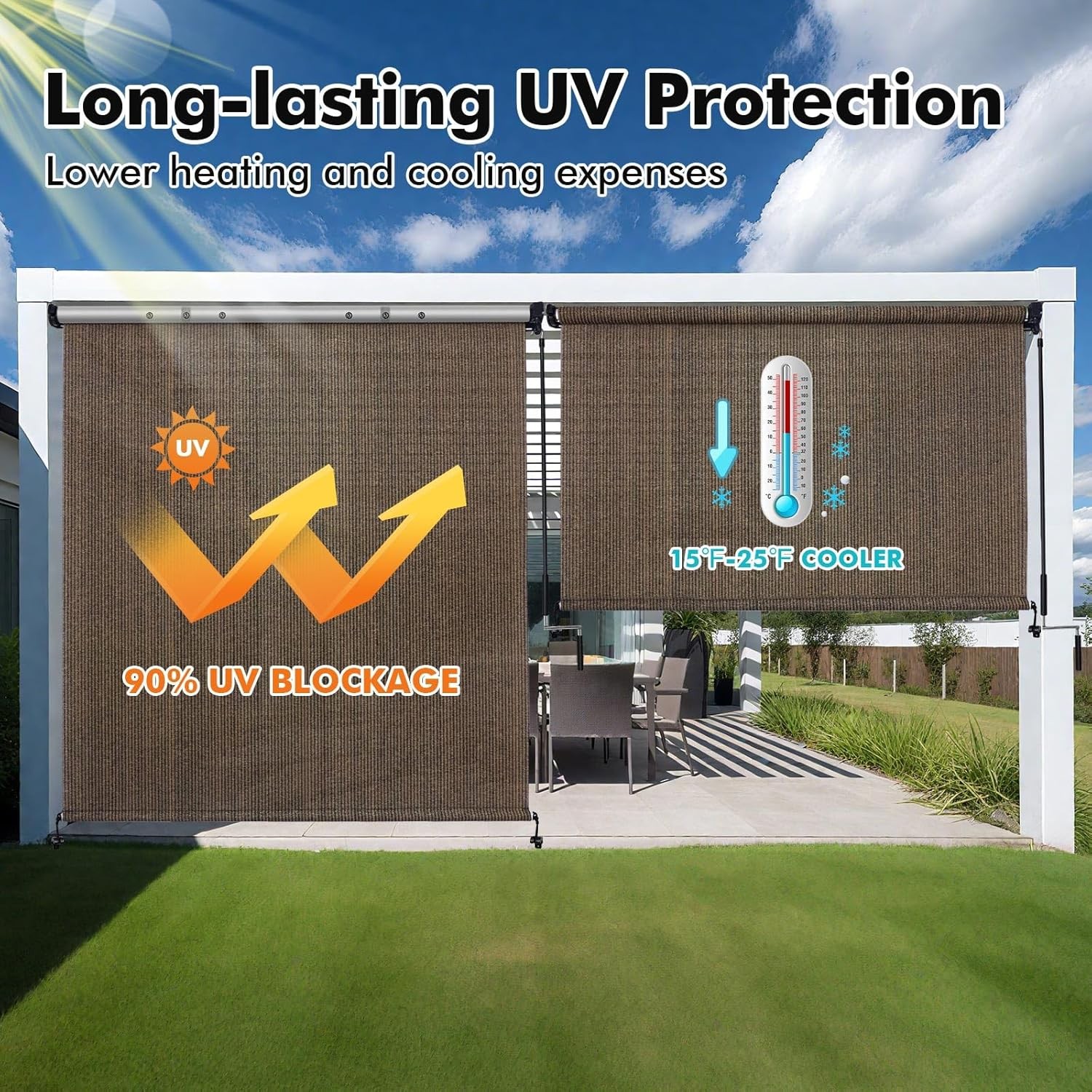 Outdoor Roller Shades with Splicing Design, 10′ W x 8′ H Exterior Cordless Patio