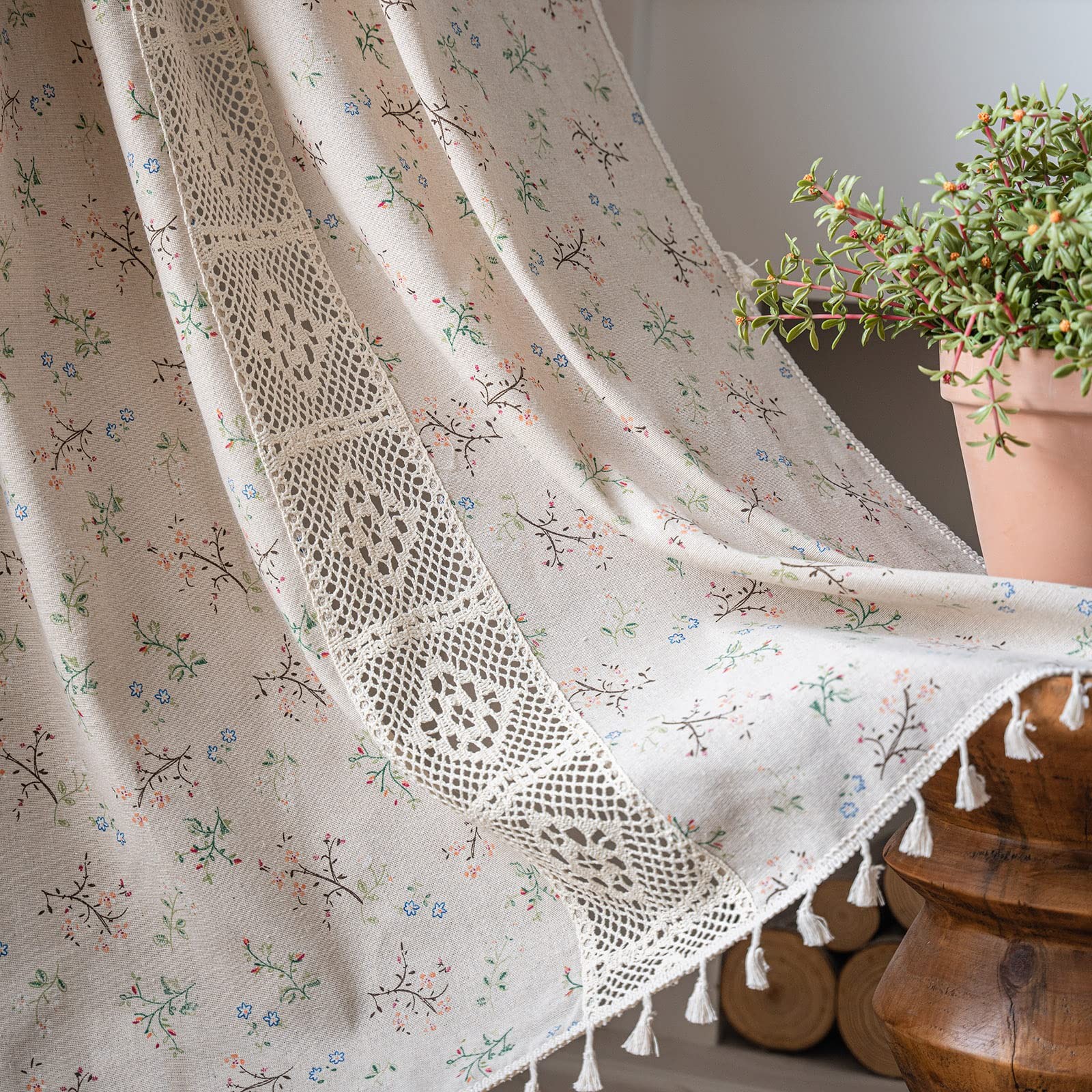 Floral Curtains 84 Inch Length 2 Panels Crochet Lace Patchwork Drapes Semi-Sh…