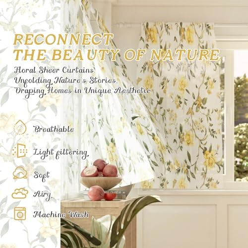 Floral Sheer Curtains for Windows, Short Semi 30″W x 36″L (Pack of 2) Yellow