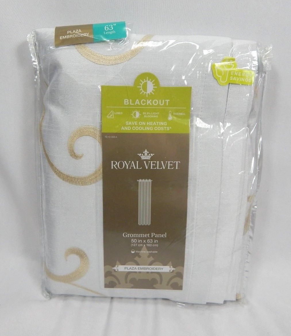 Royal Velvet Cool White Plaza Embroidery Blackout Grommet-Top Panel, 50″x63″