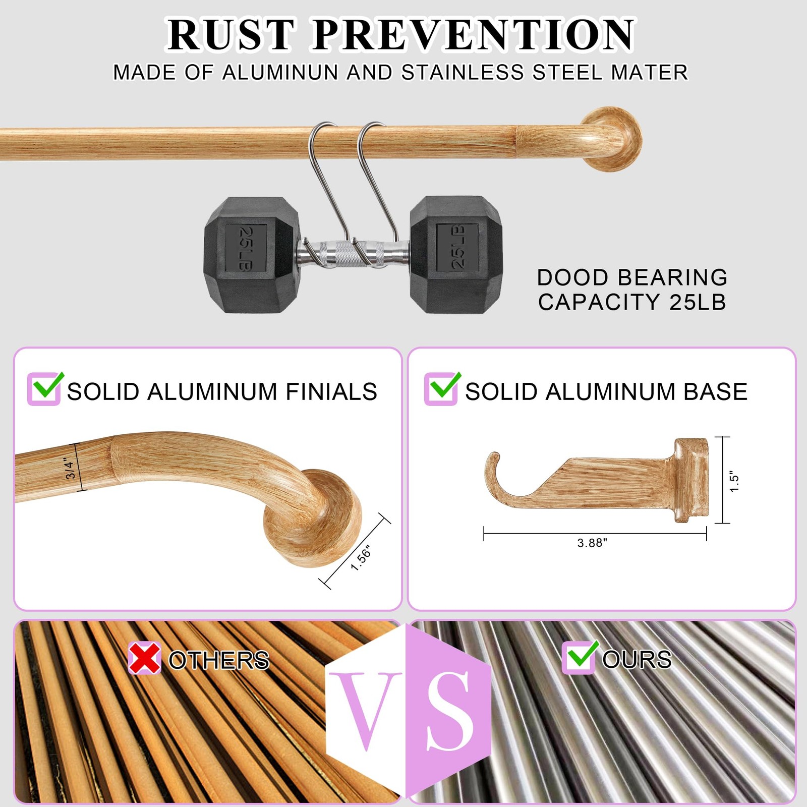Light Wood Grain Disc Curtain Rods, 28-48 Inches 28-48″,