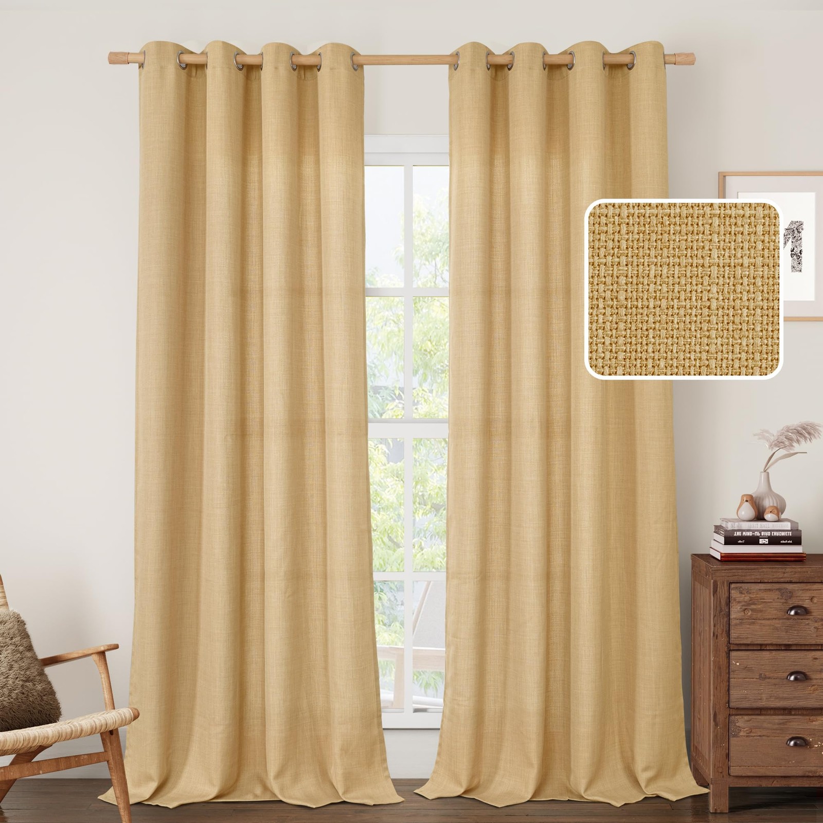 LAMIT Caramel Brown Faux Linen Curtains Living Room 84 Inch Light Filtering