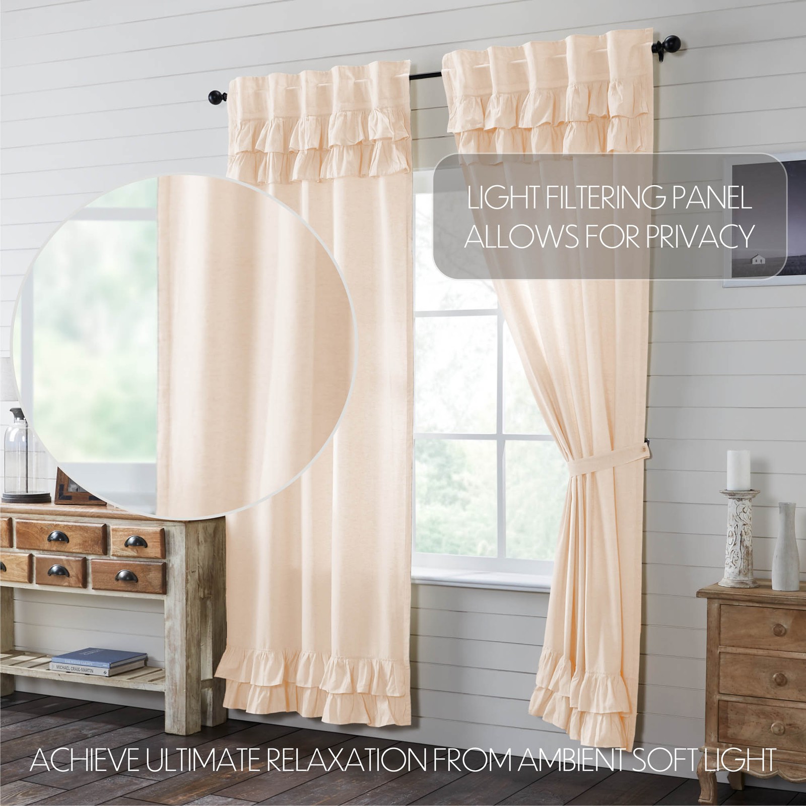 VHC Brands Panels Simple Life Flax Natural Ruffled Farmhouse 96×40 Set of 2