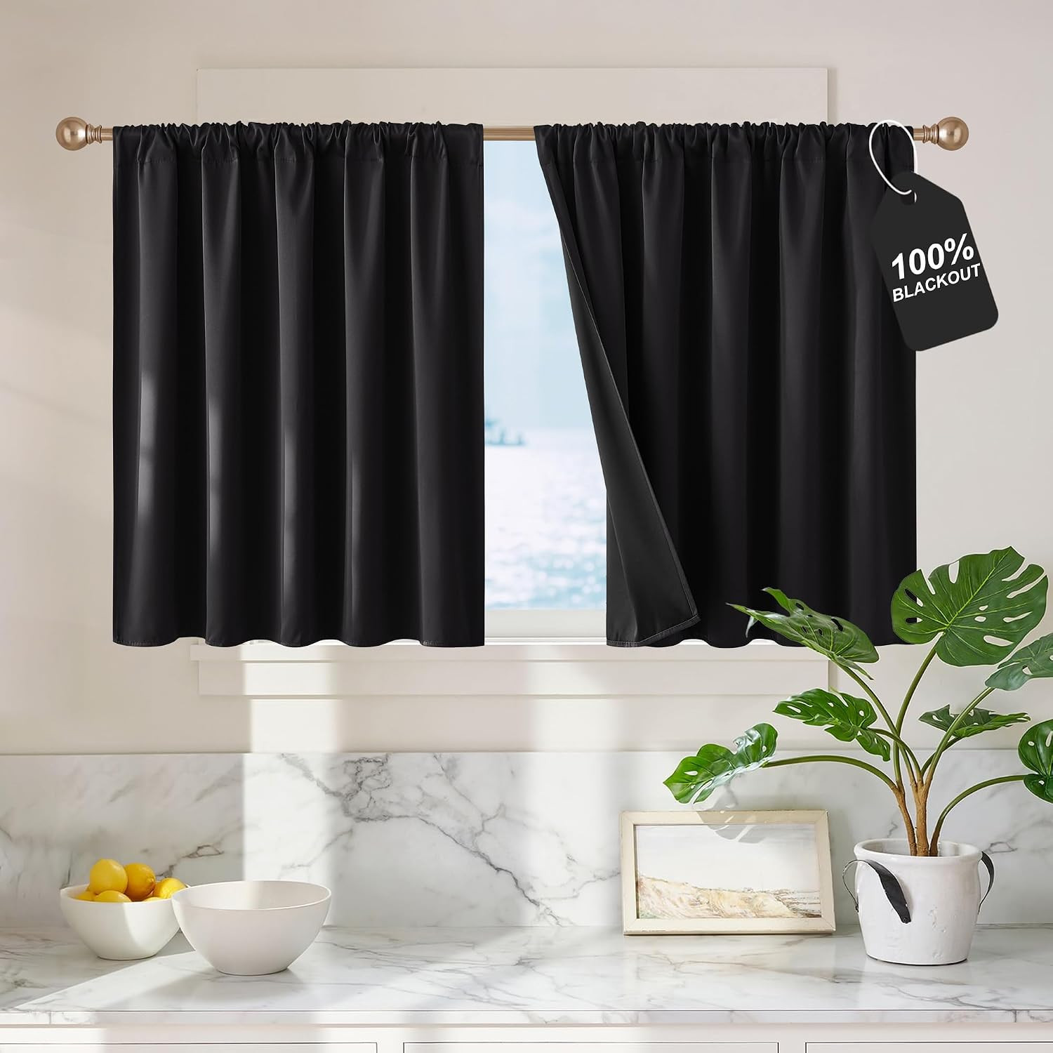 NICETOWN 100% Black Out Kitchen Curtains 36 Inch Length, Rod Pocket Short Window