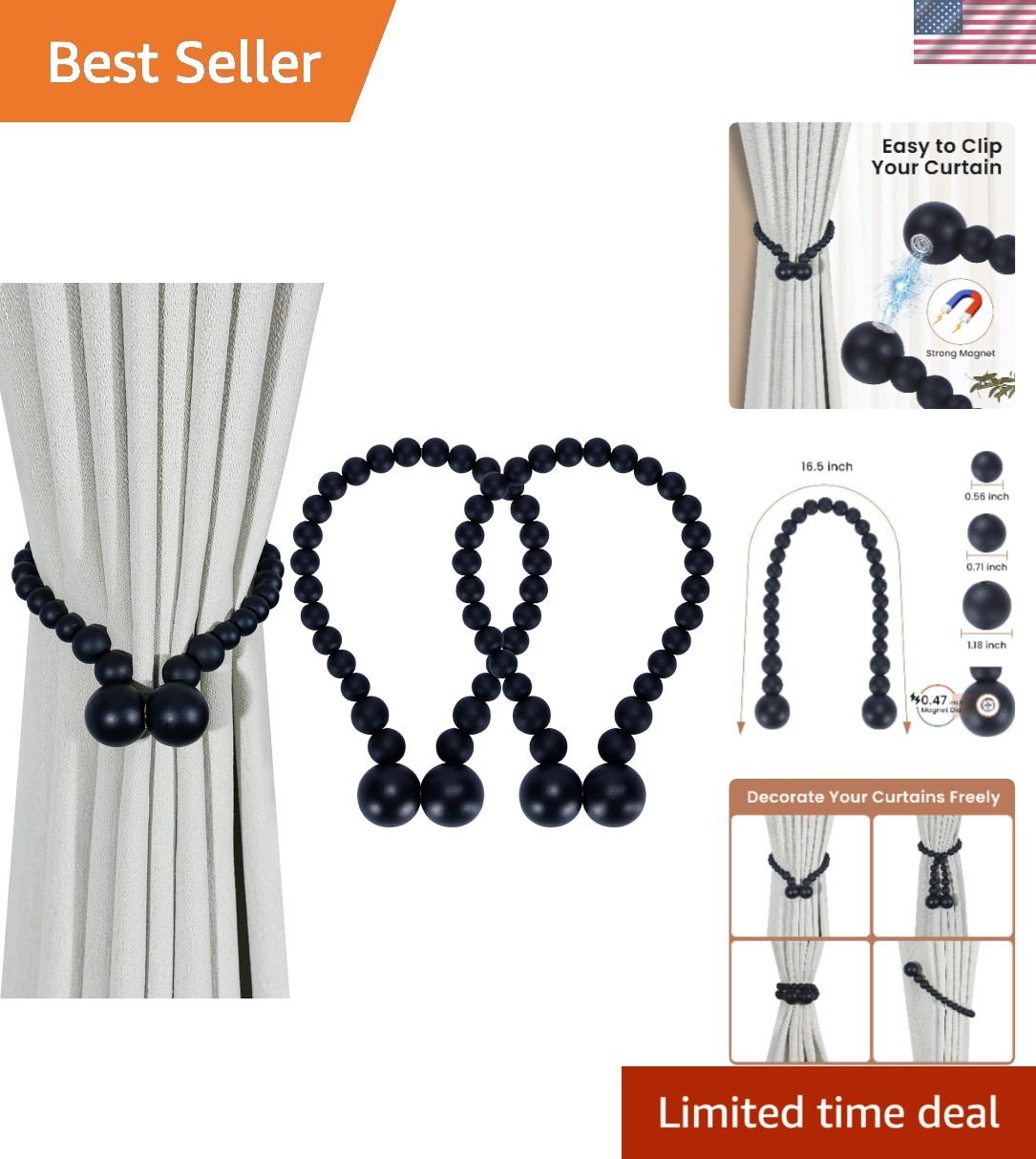 Versatile Magnetic Curtain Holdbacks – Black Wood Bead 2 Pack for Any Room Style