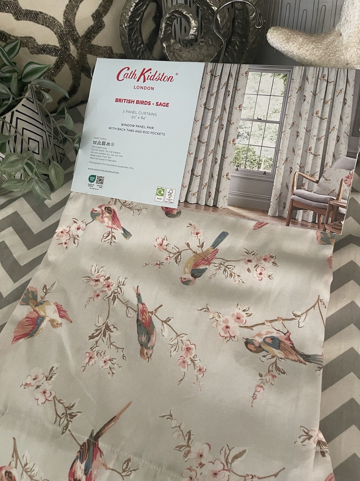 NEW CATH KIDSTON British BIRDS Garden Floral Sage 100%Cotton Curtains 50×84 Pair